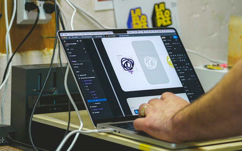 A designer creating a digital layout on a laptop