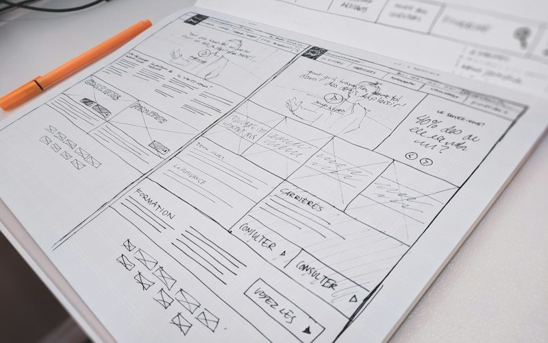 Website wireframes sketched on paper beside an orange pen